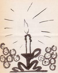 illustrazione a china di una candela accesa, alcuni tratti ricordano dei visi riuniti sotto il suo lume